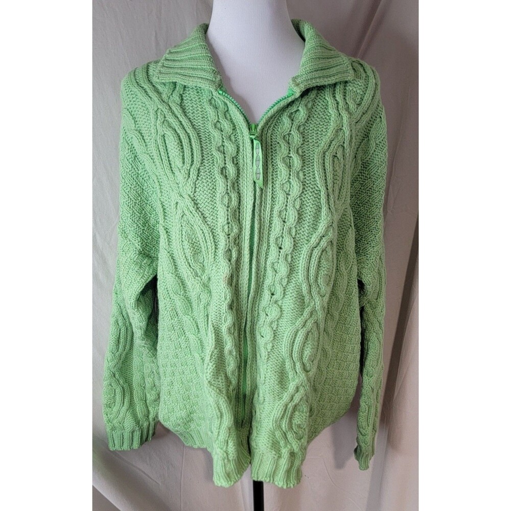 Aran Crafts Cardigan Women's Large Green Merino Wool Cable Knit Button Ireland